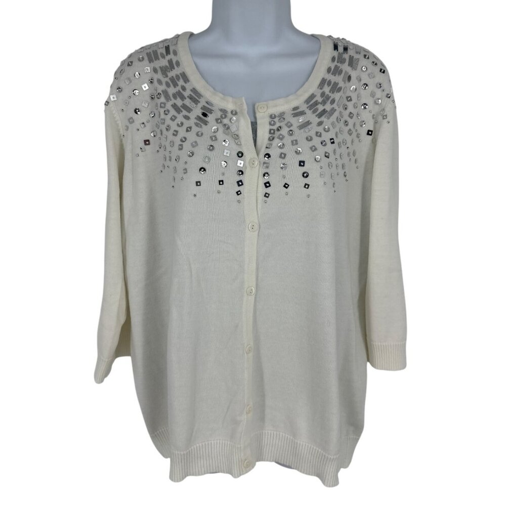 Quacker Factory Faux Twin Set Button-Up Cardigan With Rhinestones Size XL